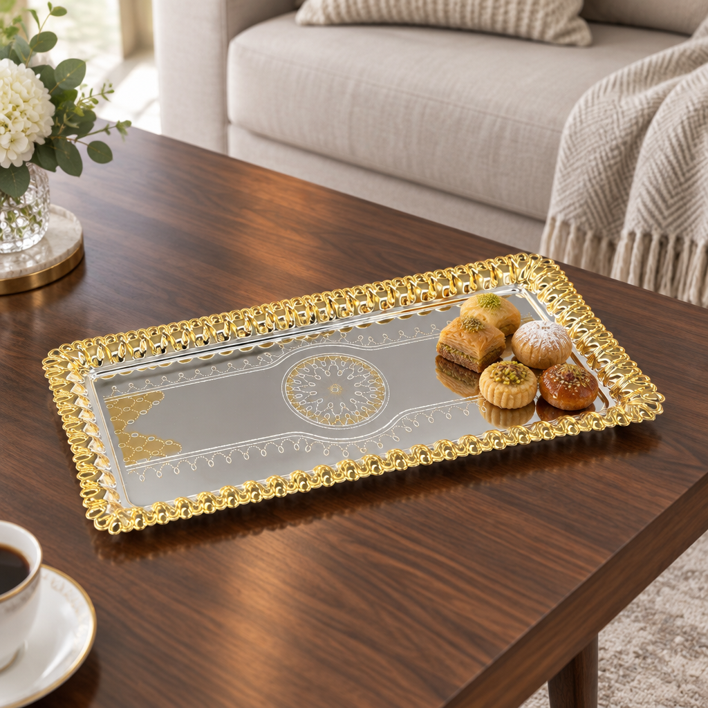 Germax Stainless Steel Rectangular Serving Tray Silver & Gold - 38×18cm
