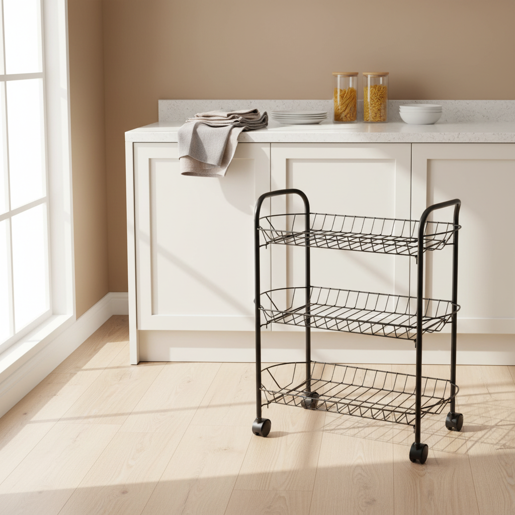 Metal 3-Tier Rack with Wheels Black - 50×40×25cm