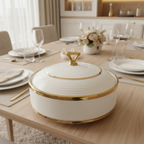 Ribbed Ceramic Serving Bowl with Lid White & Gold - 8-Inch
