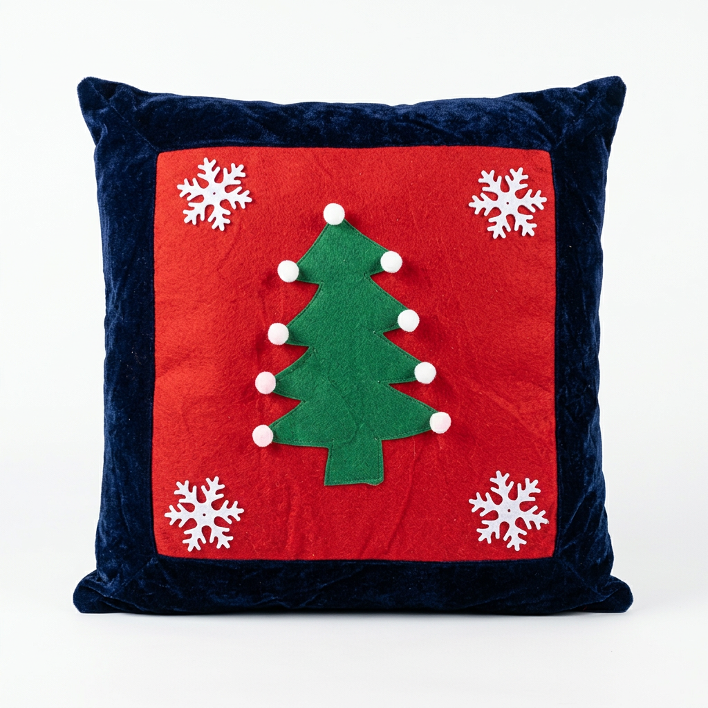 Christmas Tree & Snowflake Cushion Navy Blue & Red - 40×40cm
