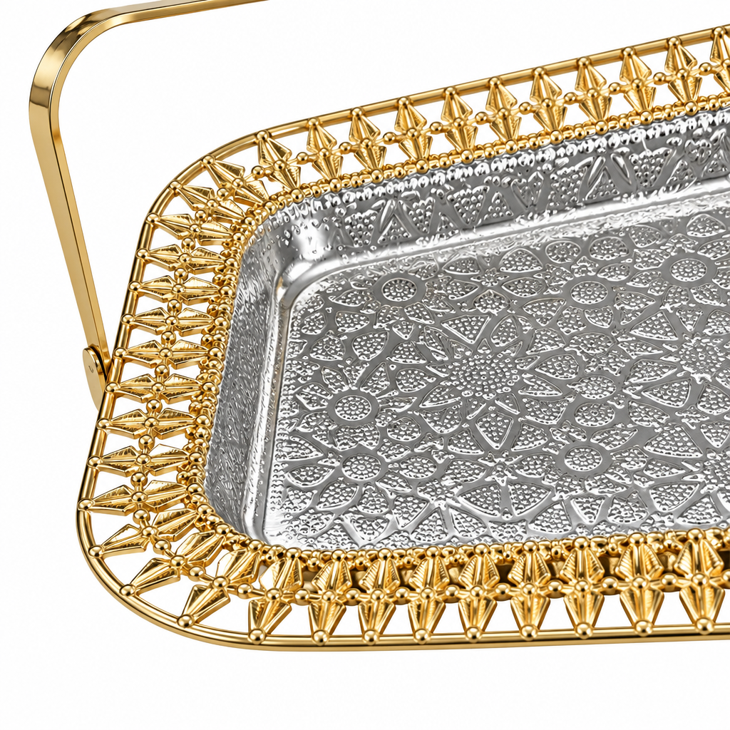 Rectangular Metal Serving Tray with Handle - 32×22cm