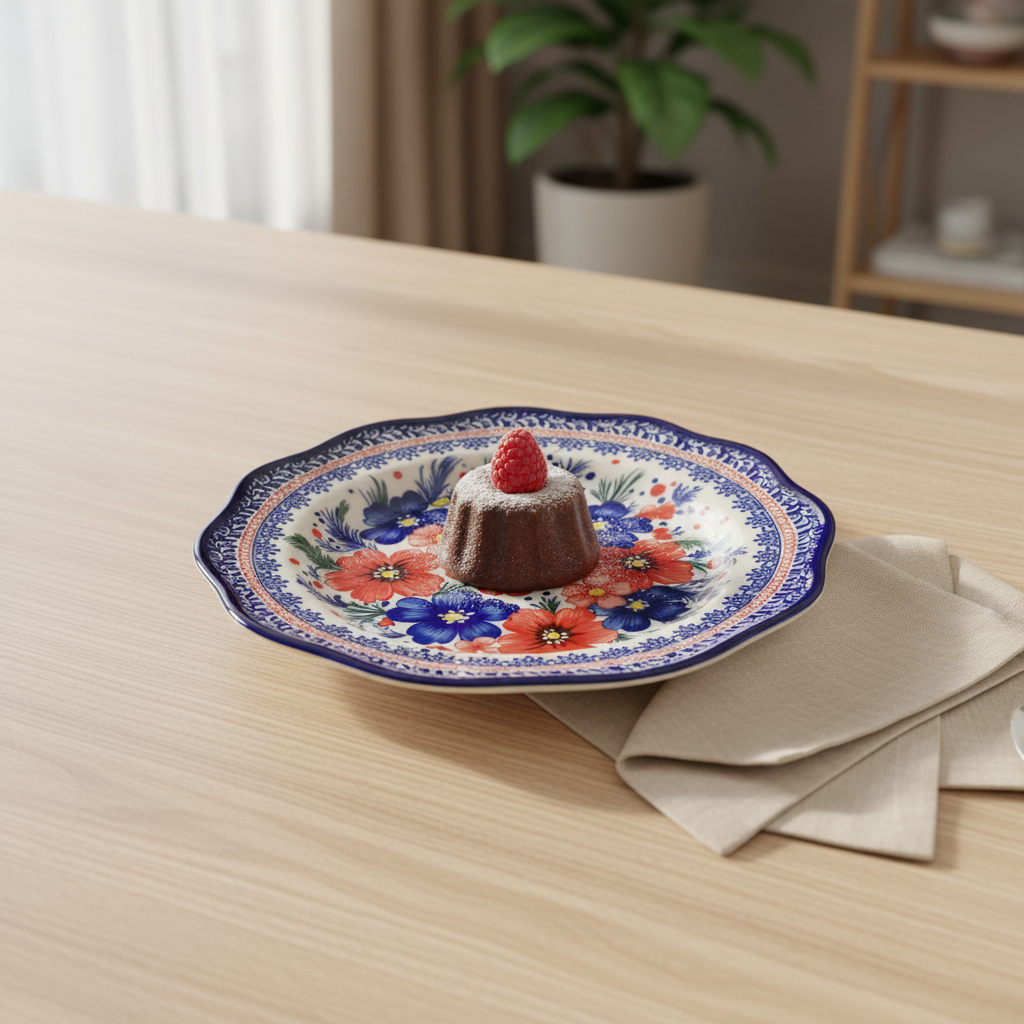New East Sun Ceramic Dessert Plate Blue & Red Floral Design - 9.2 Inch