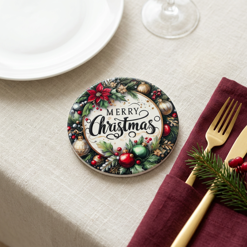 Ceramic-Coated Round Christmas Coaster - 10cm