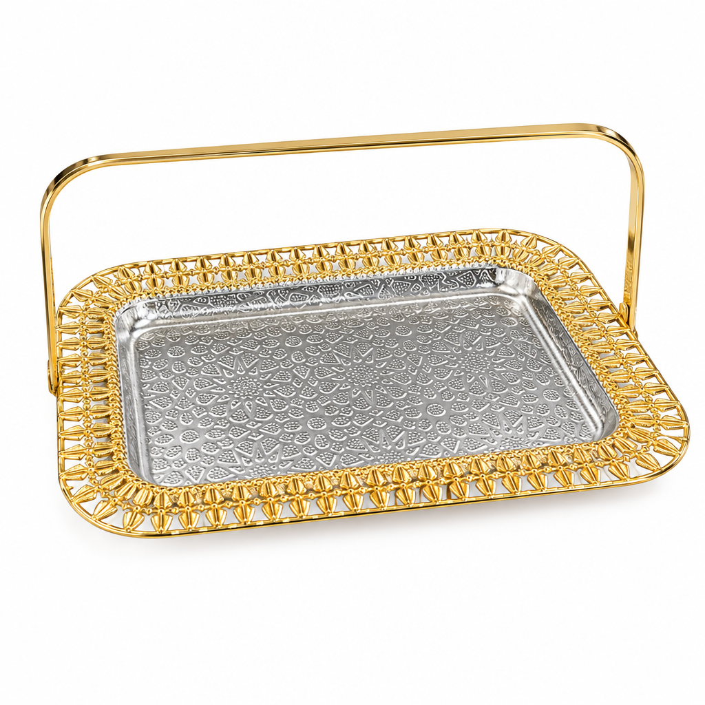 Rectangular Metal Serving Tray with Handle - 32×22cm