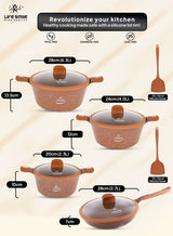 Life Smile  Dolphin Series 10pcs  Non-Stick Granite Coating Cookware Set Includes 6.3 Liter Soup Pot with Lid- 1pc, 4 Liter Soup Pot with Lid- 1pc, 2.3 Liter Soup Pot with Lid- 1pc, 2.7 Liter Fry Pan Lid- 1pc, 2pc Spoons, LIFEP14-10T2-Brown