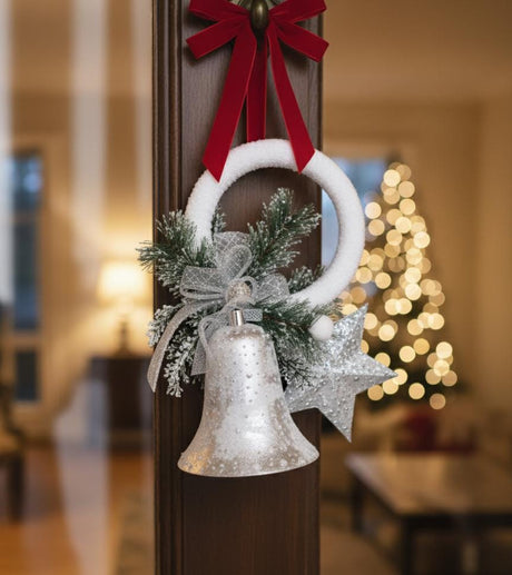 AKDC 34cm Hanging Christmas Décor | Silver Bell with Snowy Pine Branches for Wall or Door