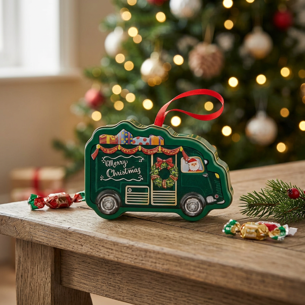 Metal Christmas Van Candy Box Green - 11cm