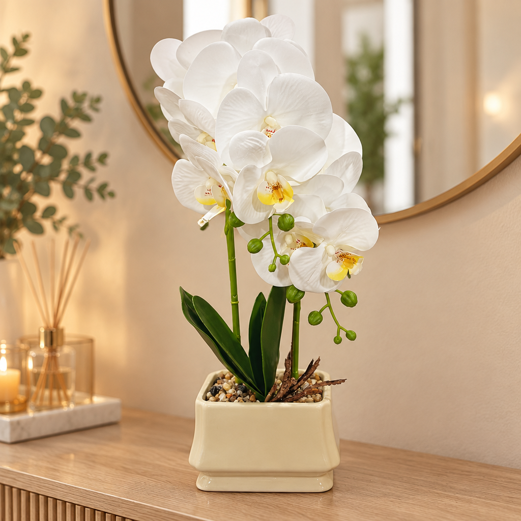 Artificial Orchid Flower Plant in Ceramic Pot White  – 40cm