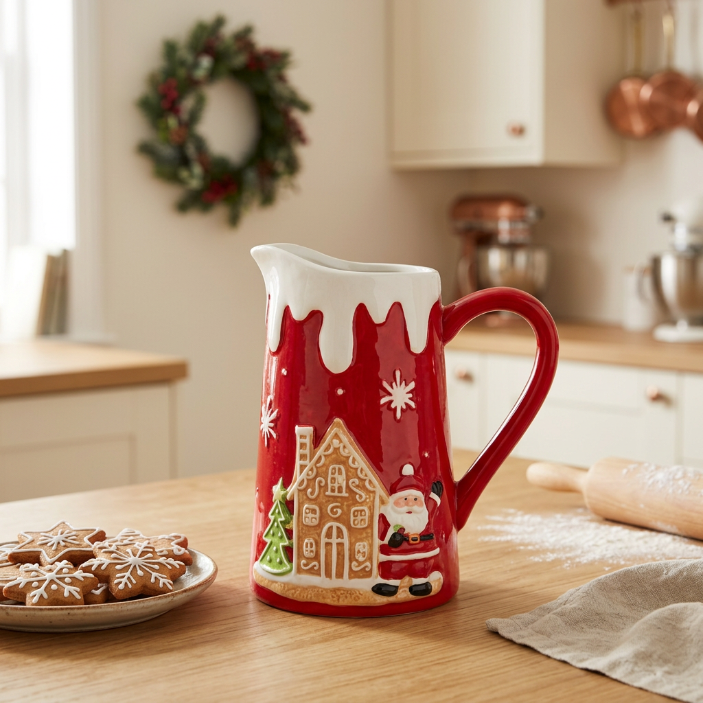 Ceramic Christmas Jug with Santa and Gingerbread House Design - 1 Litre