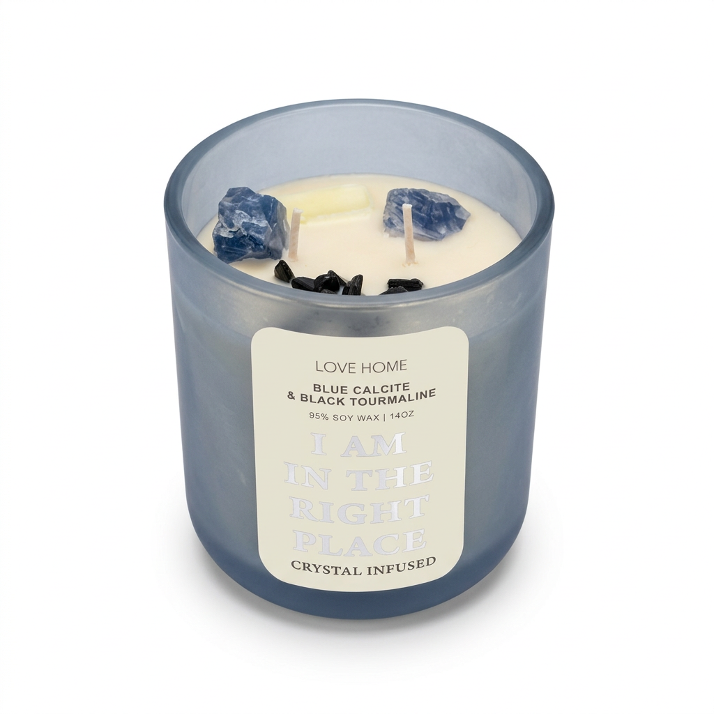 Love Home Blue Calcite & Black Tourmaline Scented Candle in Glass Jar – 14 oz