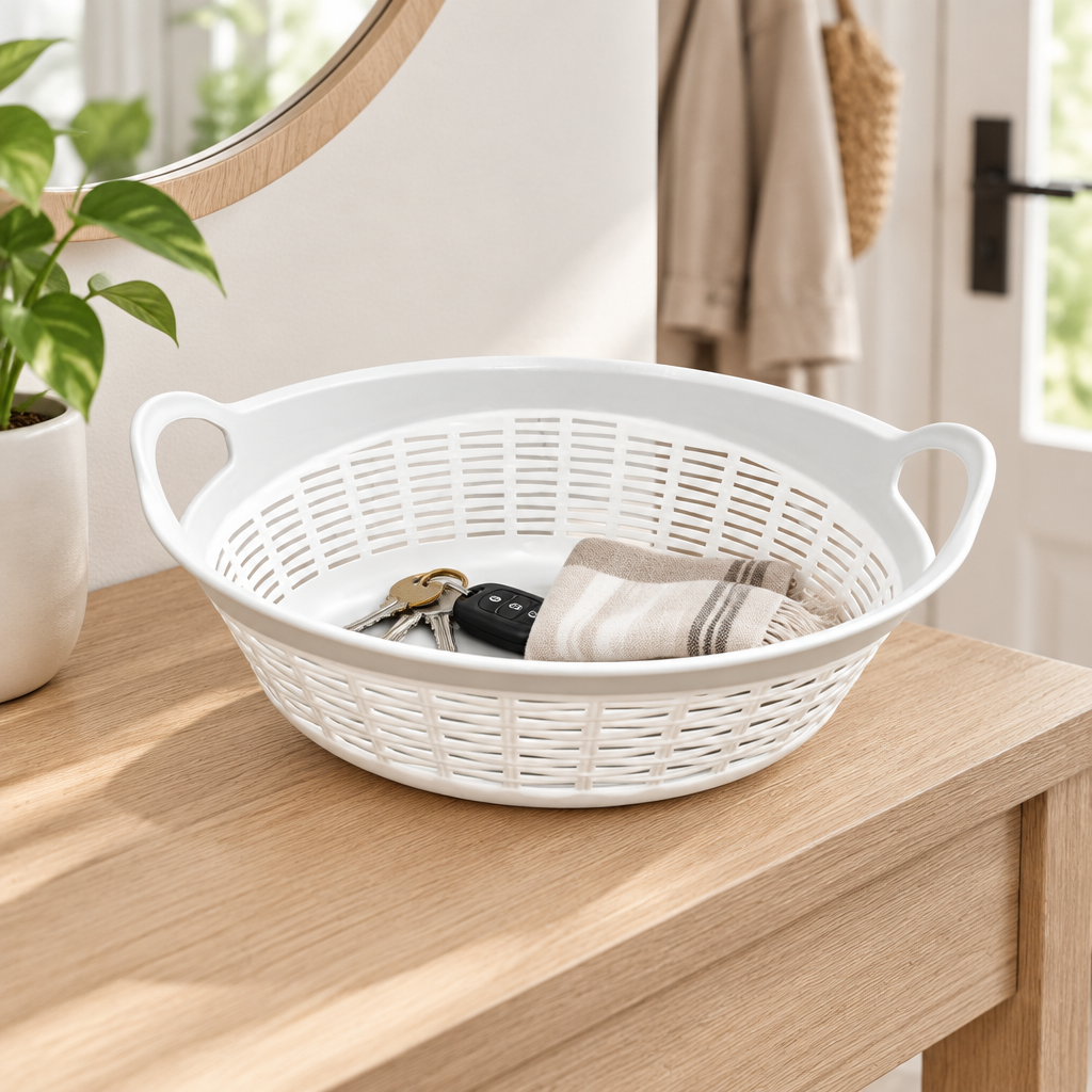 Plastic Rattan Design Storage Basket with Handles – 28×23cm