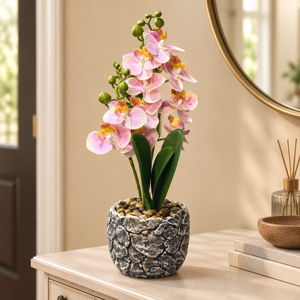 Artificial Orchid Flower Plant with Ceramic Pot Light Pink – 40cm