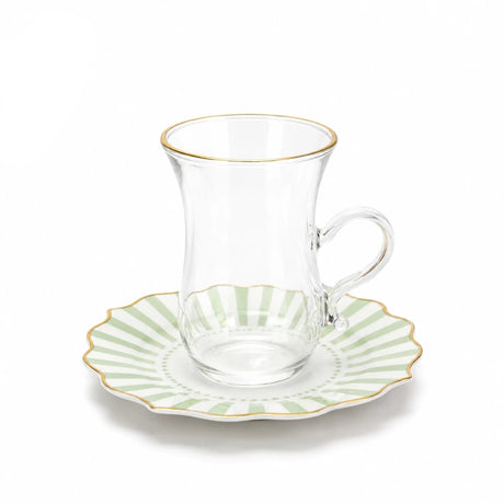 ABL GP-120 Sketan Tea Cup & Saucer Set – 12 Pieces – Clear Glass Cups with Gold Rim & Green Stripe Porcelain Saucers - Al Kabayel Discount CentreABL GP-120 Sketan Tea Cup & Saucer Set – 12 Pieces – Clear Glass Cups with Gold Rim & Green Stripe Porcelain SaucersTea SetsABLAl Kabayel Discount Centre