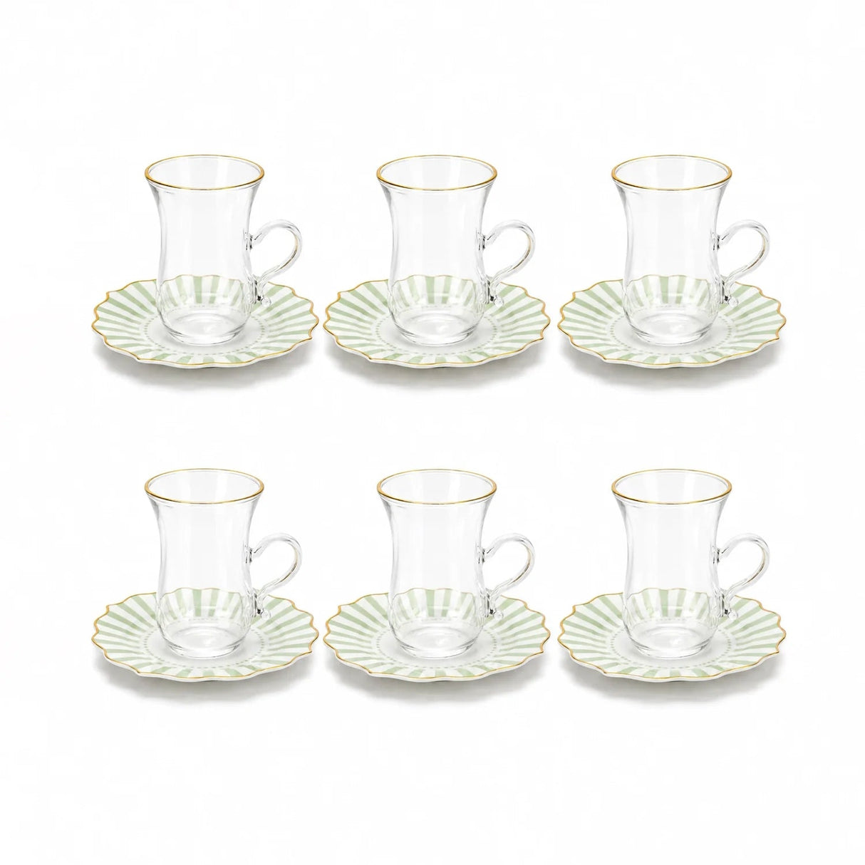 ABL GP-120 Sketan Tea Cup & Saucer Set – 12 Pieces – Clear Glass Cups with Gold Rim & Green Stripe Porcelain Saucers - Al Kabayel Discount CentreABL GP-120 Sketan Tea Cup & Saucer Set – 12 Pieces – Clear Glass Cups with Gold Rim & Green Stripe Porcelain SaucersTea SetsABLAl Kabayel Discount Centre