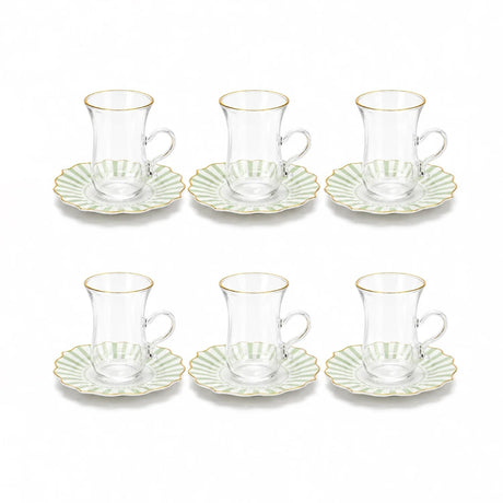 ABL GP-120 Sketan Tea Cup & Saucer Set – 12 Pieces – Clear Glass Cups with Gold Rim & Green Stripe Porcelain Saucers - Al Kabayel Discount CentreABL GP-120 Sketan Tea Cup & Saucer Set – 12 Pieces – Clear Glass Cups with Gold Rim & Green Stripe Porcelain SaucersTea SetsABLAl Kabayel Discount Centre
