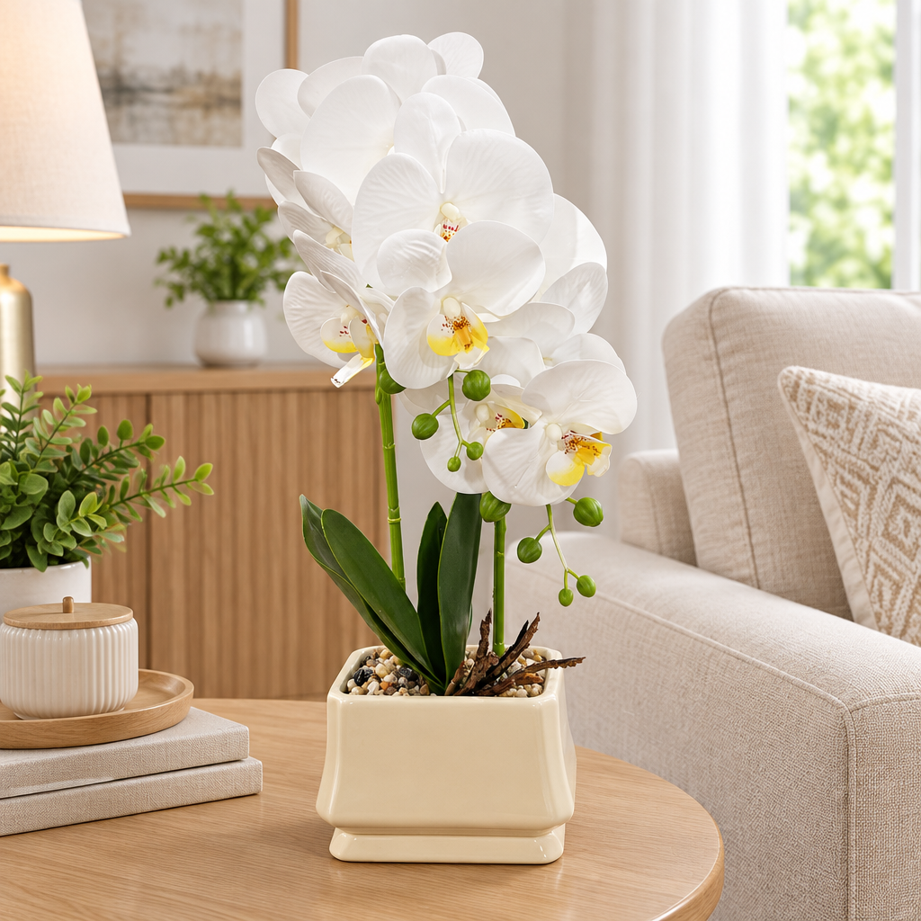 Artificial Orchid Flower Plant in Ceramic Pot White  – 40cm