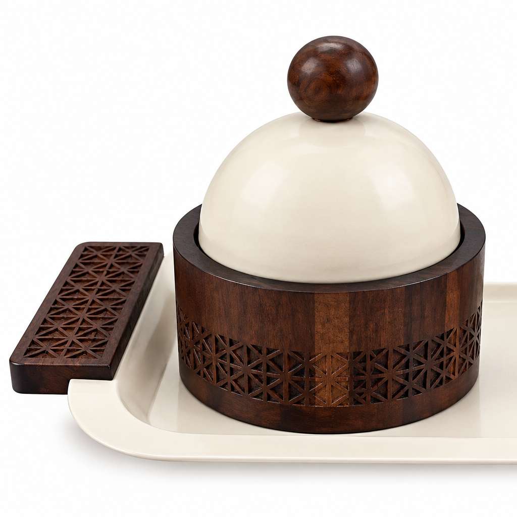 3-Piece Wooden Candy Bowl Set with Metal Tray Brown and Cream - 40×18cm