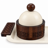 3-Piece Wooden Candy Bowl Set with Metal Tray Brown and Cream - 40×18cm