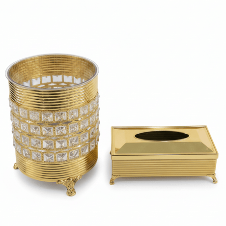 Acrylic Dustbin Set with Gold Metal Base and Tissue Box Holder – Decorative and Functional – 28 × 22 cm & 26 × 13 cm - Al Kabayel Discount CentreAcrylic Dustbin Set with Gold Metal Base and Tissue Box Holder – Decorative and Functional – 28 × 22 cm & 26 × 13 cmOrganizers & AccessoriesAKDCAl Kabayel Discount Centre