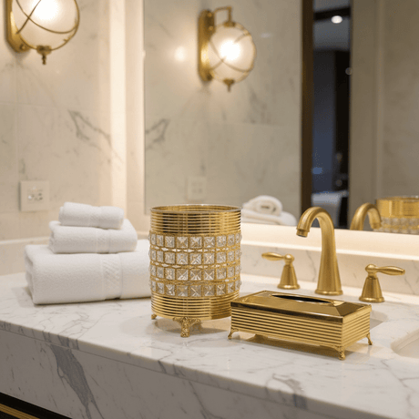 Acrylic Dustbin Set with Gold Metal Base and Tissue Box Holder – Decorative and Functional – 28 × 22 cm & 26 × 13 cm - Al Kabayel Discount CentreAcrylic Dustbin Set with Gold Metal Base and Tissue Box Holder – Decorative and Functional – 28 × 22 cm & 26 × 13 cmOrganizers & AccessoriesAKDCAl Kabayel Discount Centre