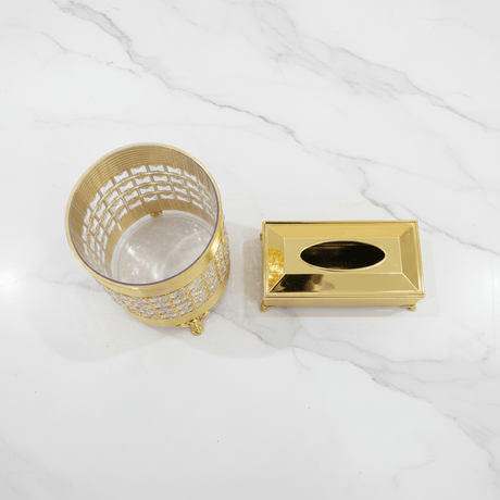 Acrylic Dustbin Set with Gold Metal Base and Tissue Box Holder – Decorative and Functional – 28 × 22 cm & 26 × 13 cm - Al Kabayel Discount CentreAcrylic Dustbin Set with Gold Metal Base and Tissue Box Holder – Decorative and Functional – 28 × 22 cm & 26 × 13 cmOrganizers & AccessoriesAKDCAl Kabayel Discount Centre