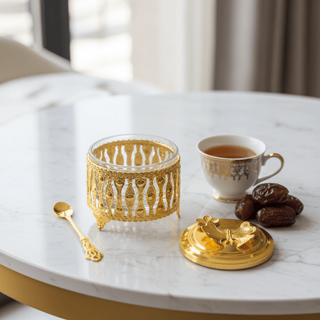 Acrylic Elegance Sugar Pot | Gold Filigree & Crystal Glass Jar with Decorative Spoon - Al Kabayel Discount CentreAcrylic Elegance Sugar Pot | Gold Filigree & Crystal Glass Jar with Decorative SpoonJars & Food SaversAKDCAl Kabayel Discount Centre