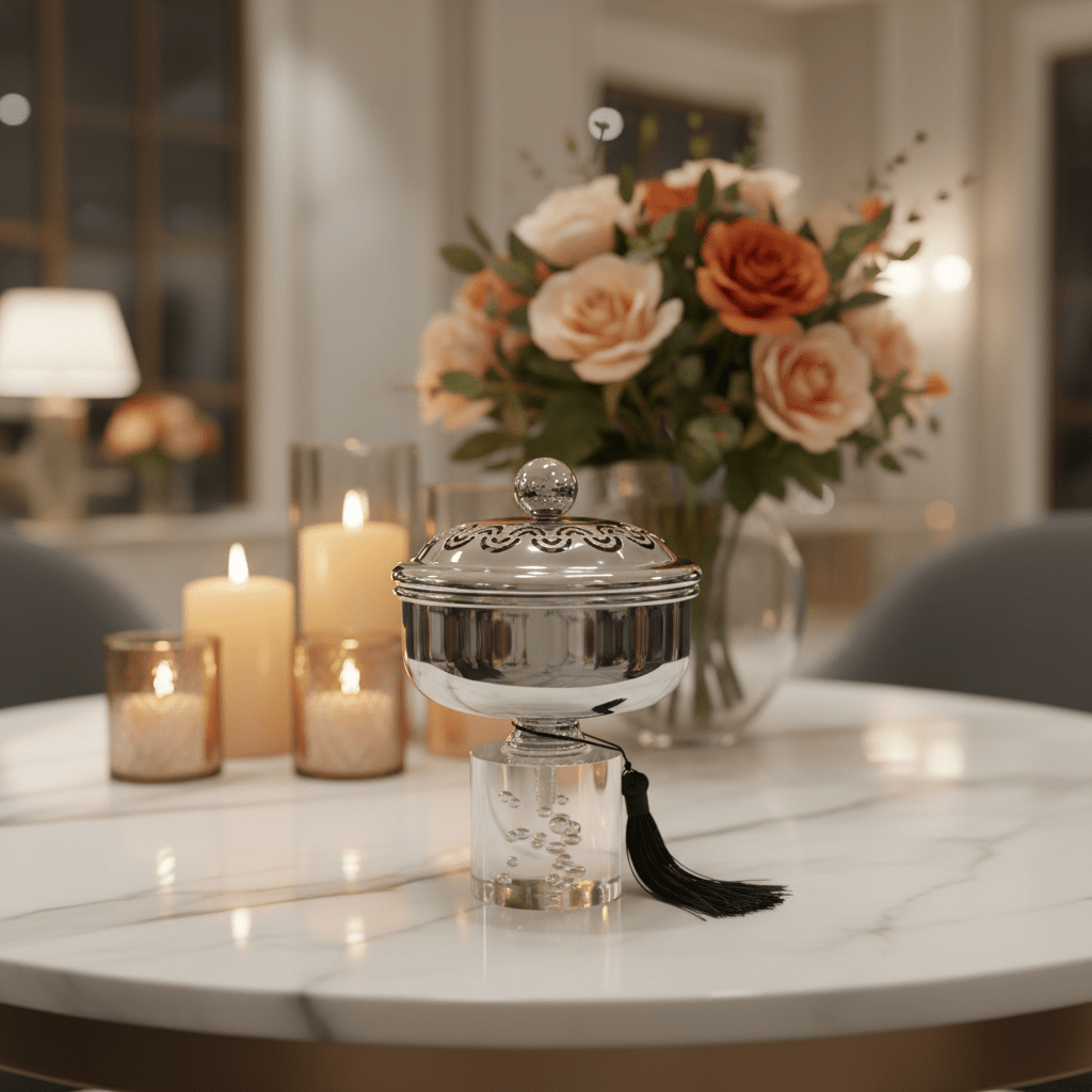 Acrylic Footed Silver Metal Candy Bowl with Lid - 18 × 12 cm - Al Kabayel Discount CentreAcrylic Footed Silver Metal Candy Bowl with Lid - 18 × 12 cmBowlsAKDCAl Kabayel Discount Centre