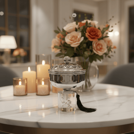 Acrylic Footed Silver Metal Candy Bowl with Lid - 18 × 12 cm - Al Kabayel Discount CentreAcrylic Footed Silver Metal Candy Bowl with Lid - 18 × 12 cmBowlsAKDCAl Kabayel Discount Centre