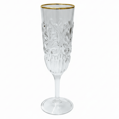 Acrylic Footed Stem Champagne Flute with Gold Rim | Baroque Embossed | 250ml - Al Kabayel Discount CentreAcrylic Footed Stem Champagne Flute with Gold Rim | Baroque Embossed | 250mlTumblersAKDCAl Kabayel Discount Centre