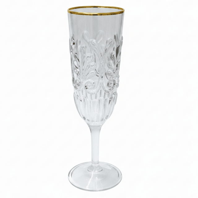 Acrylic Footed Stem Champagne Flute with Gold Rim | Baroque Embossed | 250ml - Al Kabayel Discount CentreAcrylic Footed Stem Champagne Flute with Gold Rim | Baroque Embossed | 250mlTumblersAKDCAl Kabayel Discount Centre