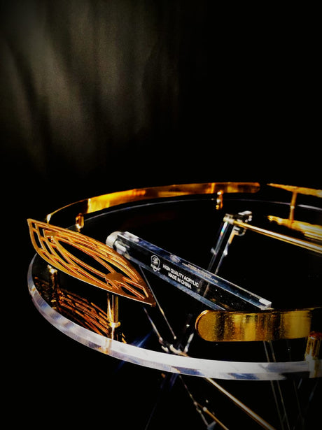 Acrylic Serving Oval Coffee Table Set Of 4 With Stand 40Cmx50Cm Striped With Golden Handle - Al Kabayel Discount CentreAcrylic Serving Oval Coffee Table Set Of 4 With Stand 40Cmx50Cm Striped With Golden HandleServing TraysAKDCAl Kabayel Discount Centre
