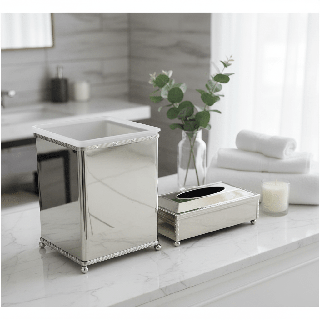 Acrylic Waste Bin with Silver Metal Base and Tissue Box Combo Set – Durable and Stylish – 28 × 21 cm & 26 × 13 cm - Al Kabayel Discount CentreAcrylic Waste Bin with Silver Metal Base and Tissue Box Combo Set – Durable and Stylish – 28 × 21 cm & 26 × 13 cmOrganizers & AccessoriesAKDCAl Kabayel Discount Centre