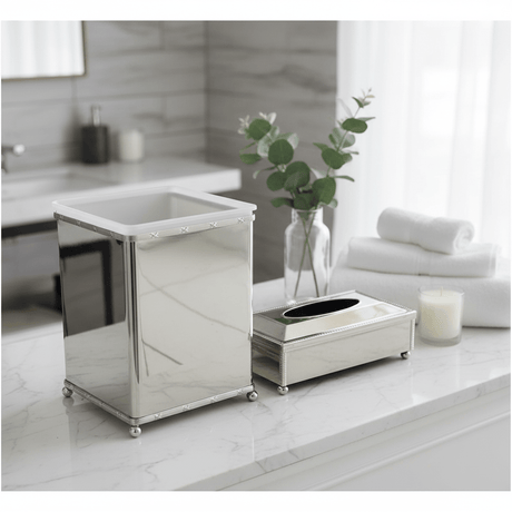 Acrylic Waste Bin with Silver Metal Base and Tissue Box Combo Set – Durable and Stylish – 28 × 21 cm & 26 × 13 cm - Al Kabayel Discount CentreAcrylic Waste Bin with Silver Metal Base and Tissue Box Combo Set – Durable and Stylish – 28 × 21 cm & 26 × 13 cmOrganizers & AccessoriesAKDCAl Kabayel Discount Centre
