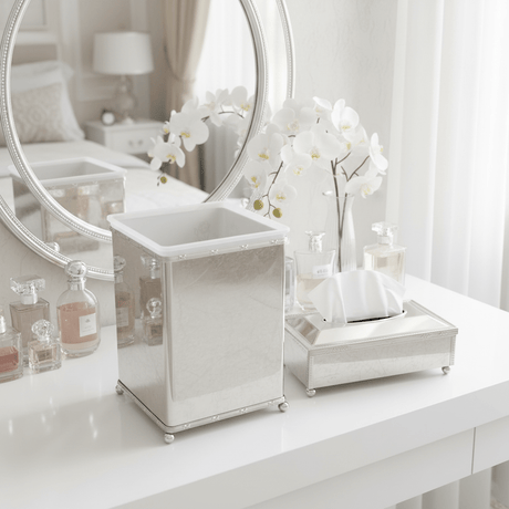 Acrylic Waste Bin with Silver Metal Base and Tissue Box Combo Set – Durable and Stylish – 28 × 21 cm & 26 × 13 cm - Al Kabayel Discount CentreAcrylic Waste Bin with Silver Metal Base and Tissue Box Combo Set – Durable and Stylish – 28 × 21 cm & 26 × 13 cmOrganizers & AccessoriesAKDCAl Kabayel Discount Centre