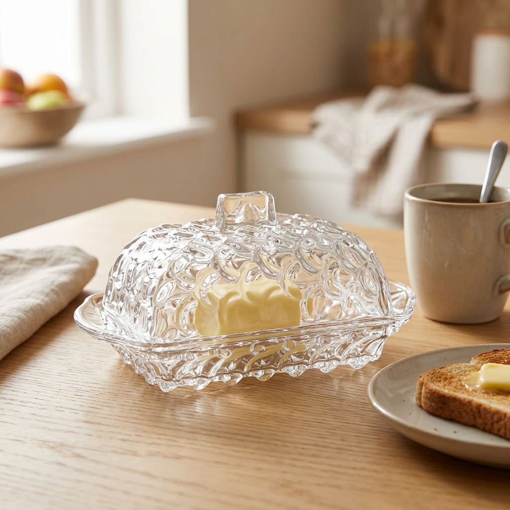 Glass Butter Dish with Decorative Lid – 15×10cm