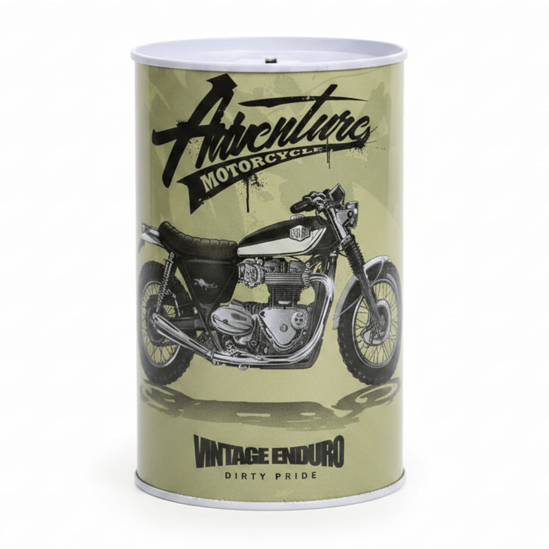 Adventure Motorcycle Vintage Enduro Metal Coin Piggy Bank Tin Box | Round Saving Box for Kids & Adults | 13×8 cm | Olive Green - Al Kabayel Discount CentreAdventure Motorcycle Vintage Enduro Metal Coin Piggy Bank Tin Box | Round Saving Box for Kids & Adults | 13×8 cm | Olive GreenOrganizers & AccessoriesAKDCAl Kabayel Discount Centre