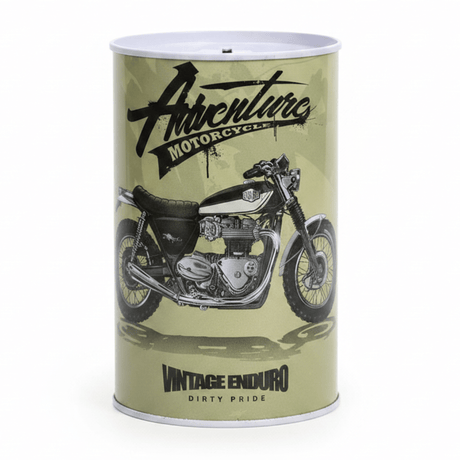 Adventure Motorcycle Vintage Enduro Metal Coin Piggy Bank Tin Box | Round Saving Box for Kids & Adults | 13×8 cm | Olive Green - Al Kabayel Discount CentreAdventure Motorcycle Vintage Enduro Metal Coin Piggy Bank Tin Box | Round Saving Box for Kids & Adults | 13×8 cm | Olive GreenOrganizers & AccessoriesAKDCAl Kabayel Discount Centre