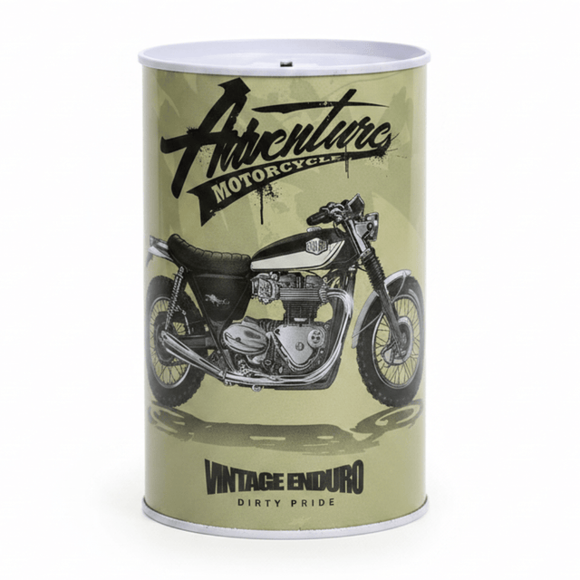 Adventure Motorcycle Vintage Enduro Metal Coin Piggy Bank Tin Box | Round Saving Box for Kids & Adults | 13×8 cm | Olive Green - Al Kabayel Discount CentreAdventure Motorcycle Vintage Enduro Metal Coin Piggy Bank Tin Box | Round Saving Box for Kids & Adults | 13×8 cm | Olive GreenOrganizers & AccessoriesAKDCAl Kabayel Discount Centre