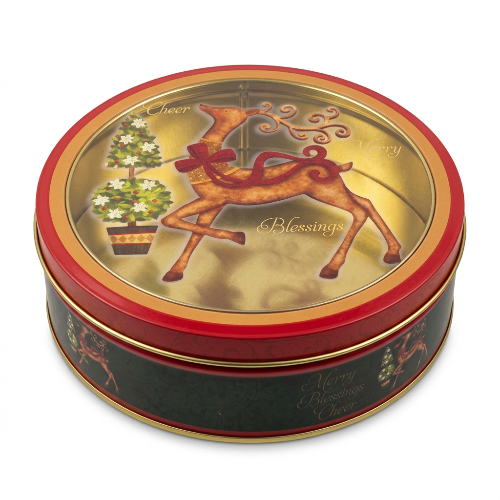 Round Metal Christmas Candy Box with Plastic Lid - 20cm