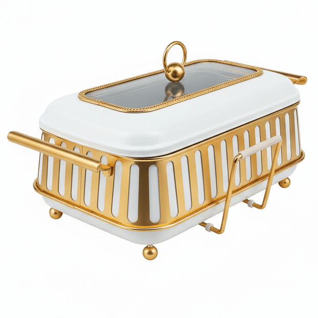AFCO 2.2 Liter Rectangular Chafing Dish – Luxury White & Gold Food Warmer with Durable Plastic & Metal Frame and Tempered Glass Inner for Catering & Home Use - Al Kabayel Discount CentreAFCO 2.2 Liter Rectangular Chafing Dish – Luxury White & Gold Food Warmer with Durable Plastic & Metal Frame and Tempered Glass Inner for Catering & Home UseWarmersAFCOAl Kabayel Discount Centre