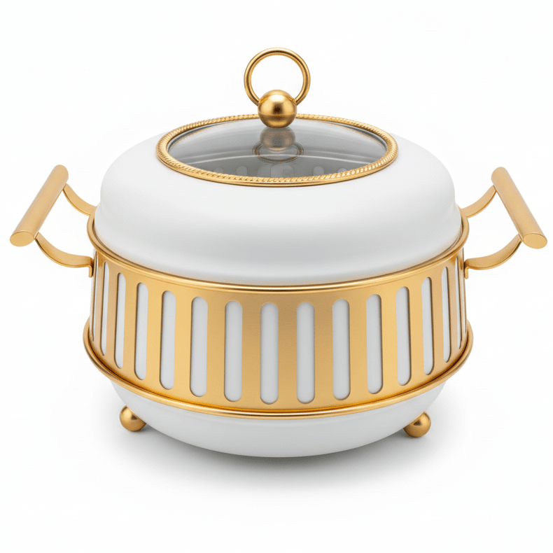 AFCO 3 Liter Round Chafing Dish – Stylish White & Gold Catering Food Warmer with Durable Body and Removable Inner Glass Container - Al Kabayel Discount CentreAFCO 3 Liter Round Chafing Dish – Stylish White & Gold Catering Food Warmer with Durable Body and Removable Inner Glass ContainerWarmersAFCOAl Kabayel Discount Centre