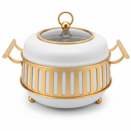 AFCO 3 Liter Round Chafing Dish – Stylish White & Gold Catering Food Warmer with Durable Body and Removable Inner Glass Container - Al Kabayel Discount CentreAFCO 3 Liter Round Chafing Dish – Stylish White & Gold Catering Food Warmer with Durable Body and Removable Inner Glass ContainerWarmersAFCOAl Kabayel Discount Centre