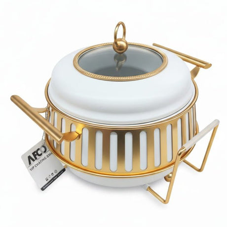 AFCO 3 Liter Round Chafing Dish – Stylish White & Gold Catering Food Warmer with Durable Body and Removable Inner Glass Container - Al Kabayel Discount CentreAFCO 3 Liter Round Chafing Dish – Stylish White & Gold Catering Food Warmer with Durable Body and Removable Inner Glass ContainerWarmersAFCOAl Kabayel Discount Centre