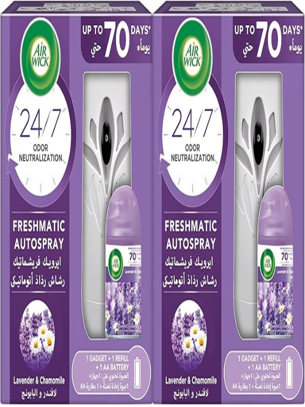 Air Wick Air Freshener Freshmatic Auto Spray Lavender & Chamomile Gadget and Refill, Eliminates Bad Odour like Cat Litter Smell, 250 ml (Pack of 2) - Al Kabayel Discount CenterAir Wick Air Freshener Freshmatic Auto Spray Lavender & Chamomile Gadget and Refill, Eliminates Bad Odour like Cat Litter Smell, 250 ml (Pack of 2)Home FragrancesAIR WICKAl Kabayel Discount Center