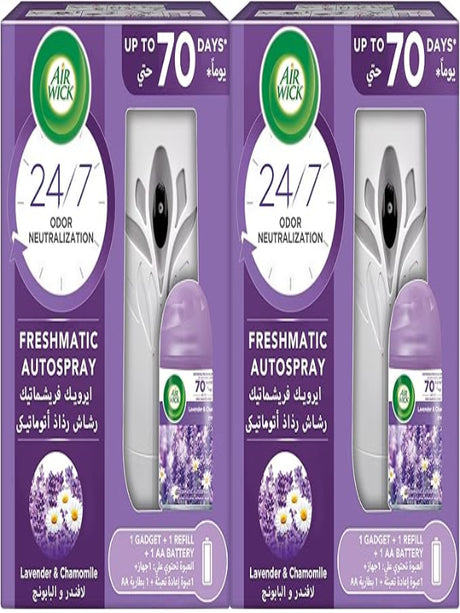 Air Wick Air Freshener Freshmatic Auto Spray Lavender & Chamomile Gadget and Refill, Eliminates Bad Odour like Cat Litter Smell, 250 ml (Pack of 2) - Al Kabayel Discount CenterAir Wick Air Freshener Freshmatic Auto Spray Lavender & Chamomile Gadget and Refill, Eliminates Bad Odour like Cat Litter Smell, 250 ml (Pack of 2)Home FragrancesAIR WICKAl Kabayel Discount Center