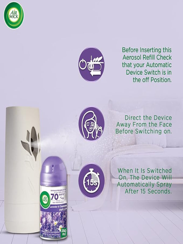 Air Wick Air Freshener Freshmatic Auto Spray Lavender & Chamomile Gadget and Refill, Eliminates Bad Odour like Cat Litter Smell, 250 ml (Pack of 2) - Al Kabayel Discount CenterAir Wick Air Freshener Freshmatic Auto Spray Lavender & Chamomile Gadget and Refill, Eliminates Bad Odour like Cat Litter Smell, 250 ml (Pack of 2)Home FragrancesAIR WICKAl Kabayel Discount Center