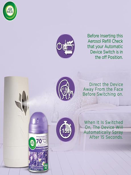 Air Wick Air Freshener Freshmatic Auto Spray Lavender & Chamomile Gadget and Refill, Eliminates Bad Odour like Cat Litter Smell, 250 ml (Pack of 2) - Al Kabayel Discount CenterAir Wick Air Freshener Freshmatic Auto Spray Lavender & Chamomile Gadget and Refill, Eliminates Bad Odour like Cat Litter Smell, 250 ml (Pack of 2)Home FragrancesAIR WICKAl Kabayel Discount Center