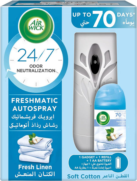 Air Wick Freshener Freshmatic Auto Spray Kit, Pure Fresh Linen Scent, 250ml - Al Kabayel Discount CentreAir Wick Freshener Freshmatic Auto Spray Kit, Pure Fresh Linen Scent, 250mlAir FreshenersAIR WICKAl Kabayel Discount Centre