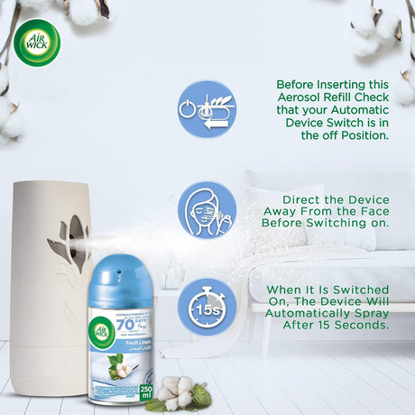 Air Wick Freshener Freshmatic Auto Spray Kit, Pure Fresh Linen Scent, 250ml - Al Kabayel Discount CentreAir Wick Freshener Freshmatic Auto Spray Kit, Pure Fresh Linen Scent, 250mlAir FreshenersAIR WICKAl Kabayel Discount Centre