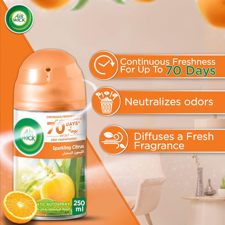 Air Wick Freshener Freshmatic Auto Spray, Sparkling Citrus Scent, 250ml - Al Kabayel Discount CentreAir Wick Freshener Freshmatic Auto Spray, Sparkling Citrus Scent, 250mlAir FreshenersAIR WICKAl Kabayel Discount Centre